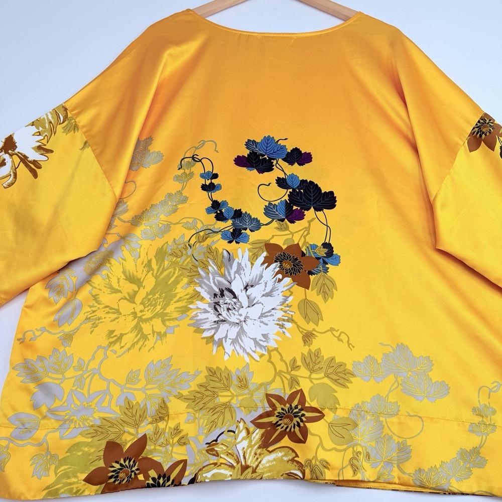 Soft Surroundings Gold Tahitian Floral Satin Kimono Sleeve Top Blouse 2X Relaxed - Picture 14 of 15